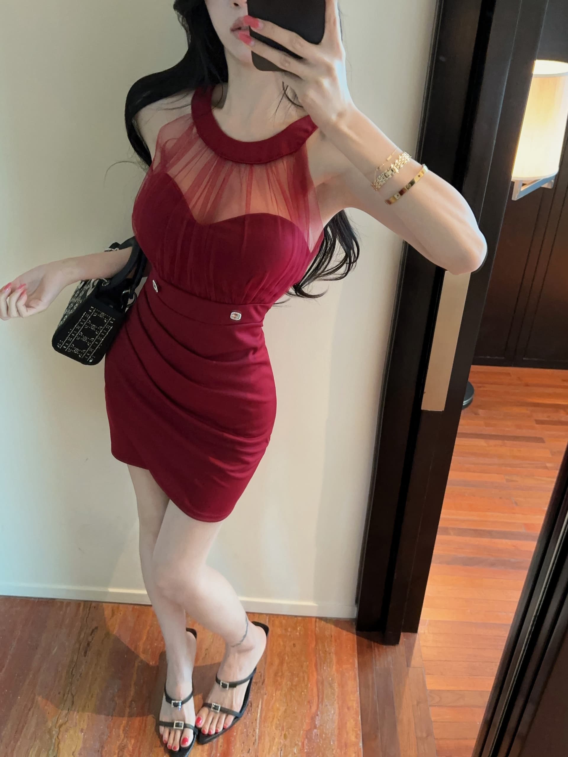 실사 섹시함 망사 패치워크 오프숄더 쇼트 스타일 드레스 상세 이미지 19