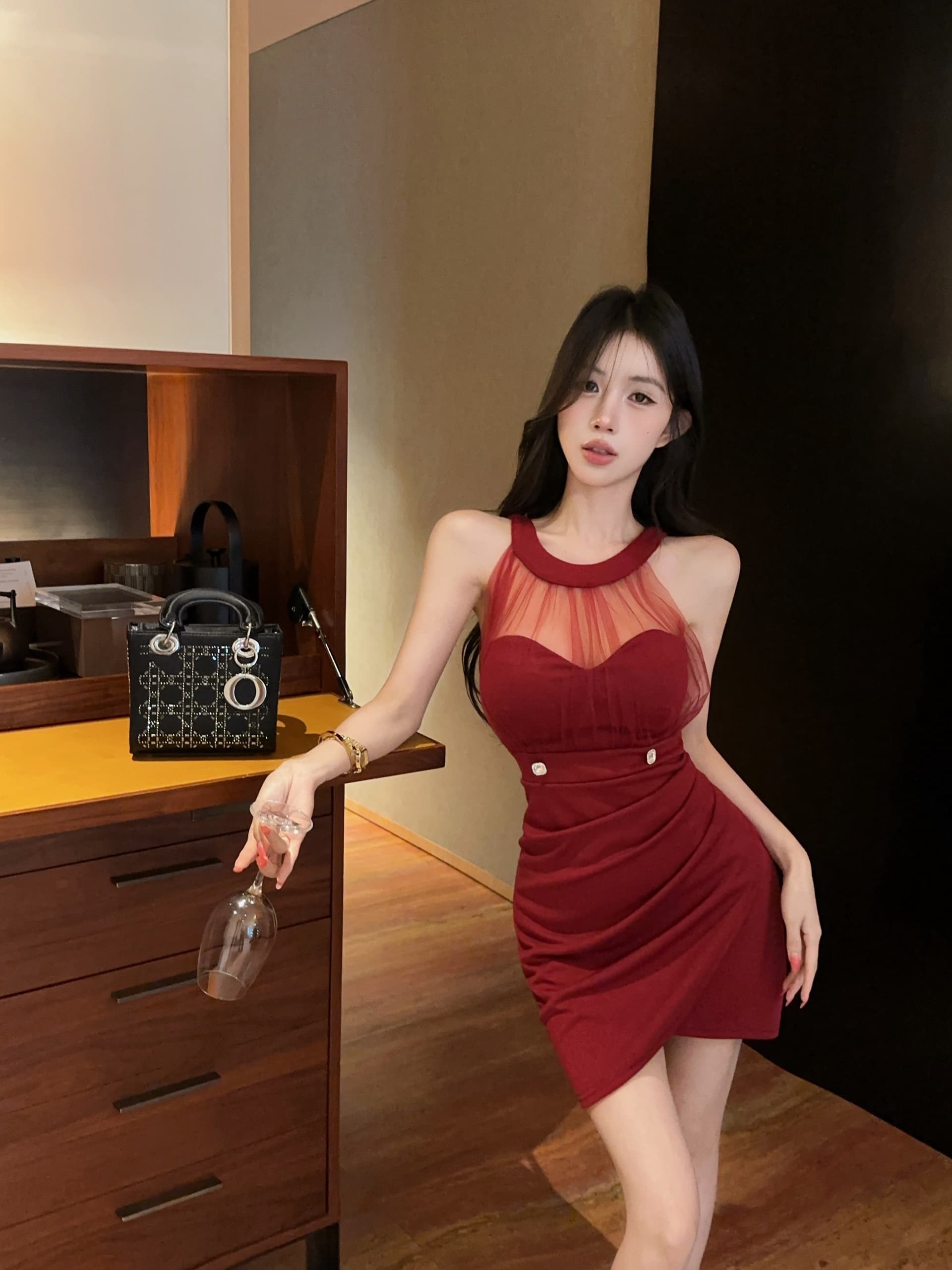 실사 섹시함 망사 패치워크 오프숄더 쇼트 스타일 드레스 상세 이미지 23