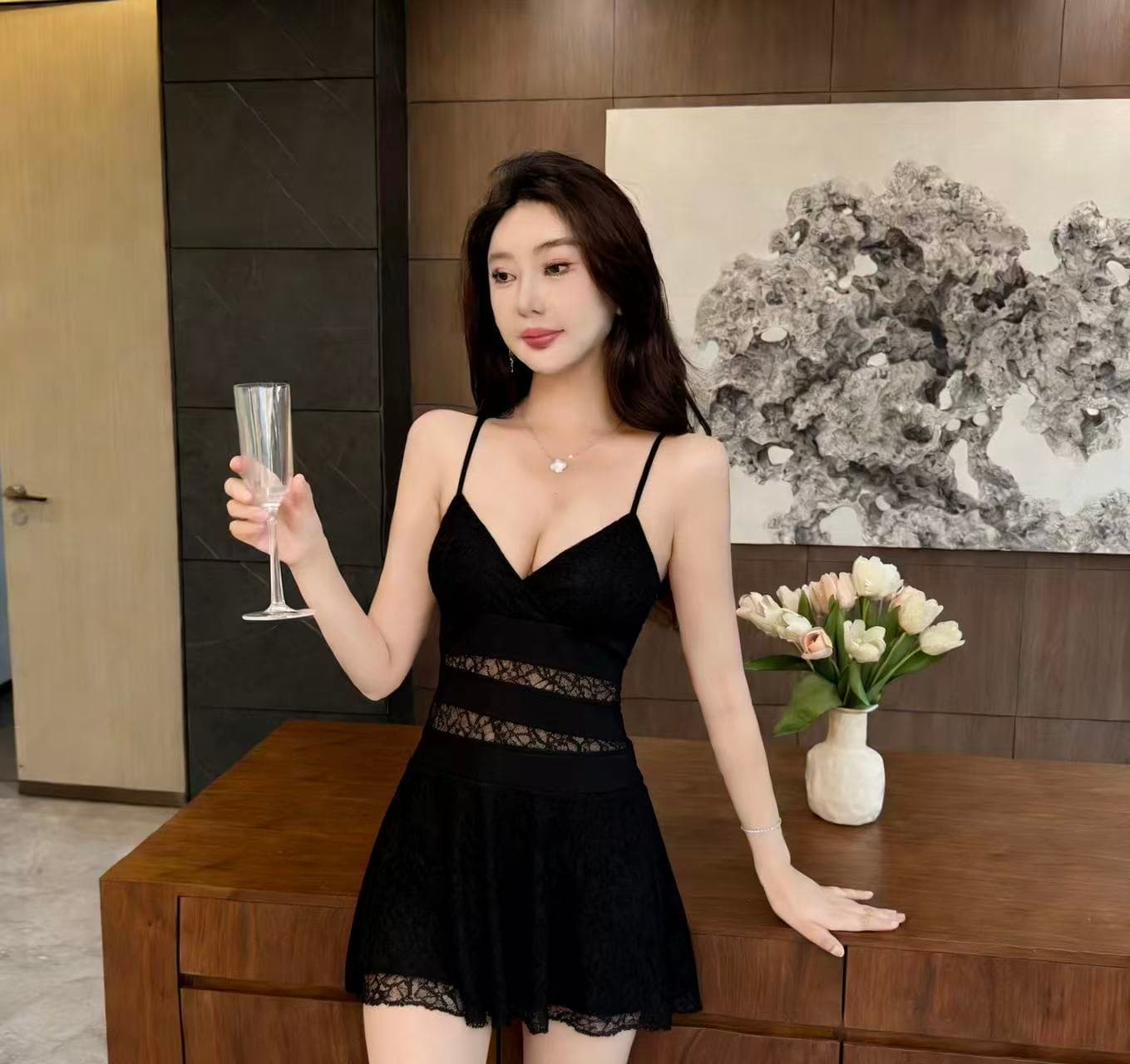 실사 섹시함 낮은 가슴 V넥 레이스 슬립 큰 진자 드레스 상세 이미지 11