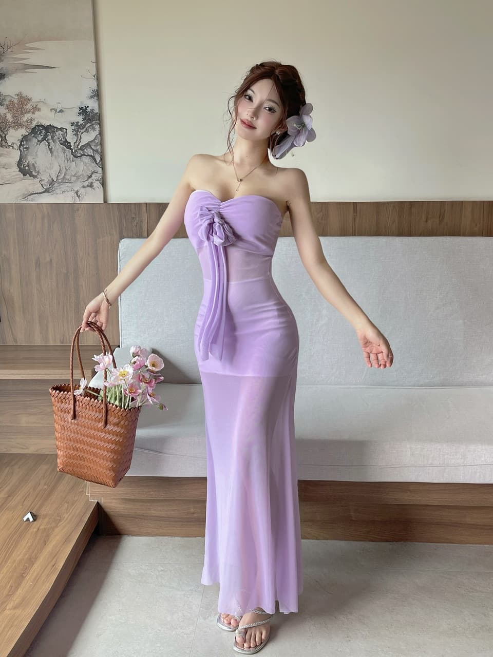 실사 섹시함 낮은 가슴 십자가 튜브탑 롱 코트 망사 드레스 상세 이미지 7