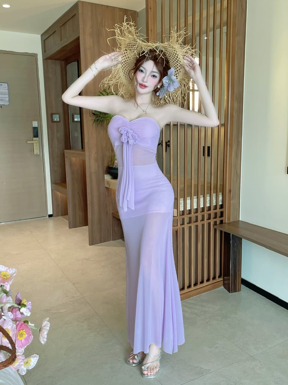 실사 섹시함 낮은 가슴 십자가 튜브탑 롱 코트 망사 드레스 상세 이미지 9