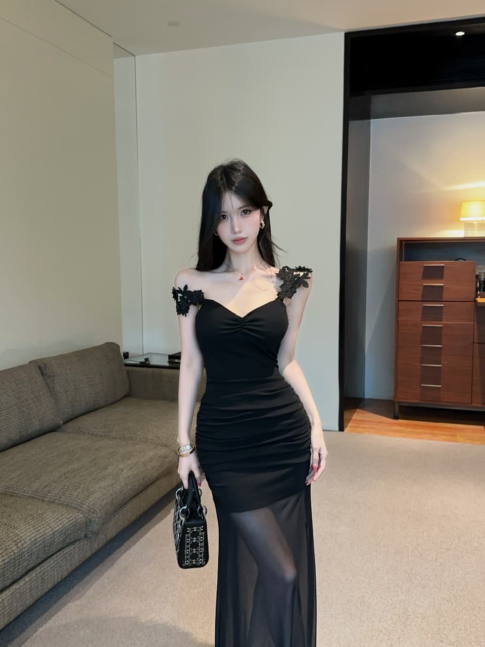 실사 섹시함 망사 롱 코트 드레스 상세 이미지 6