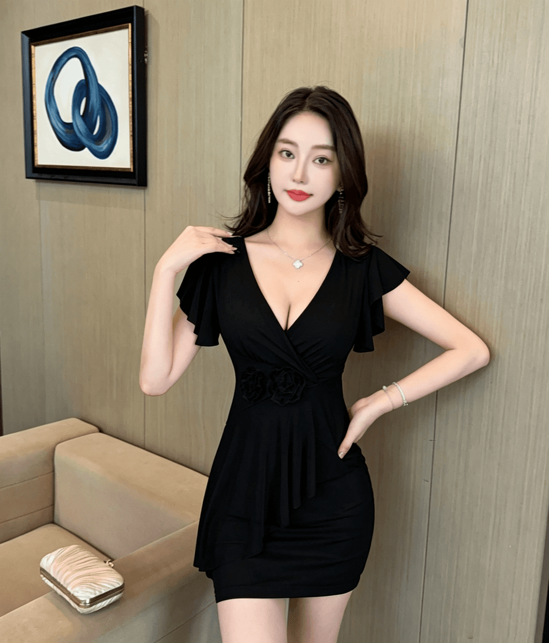 실사 섹시함 낮은 가슴 망사 타이트 스커트 쇼트 스타일 드레스 상세 이미지 17