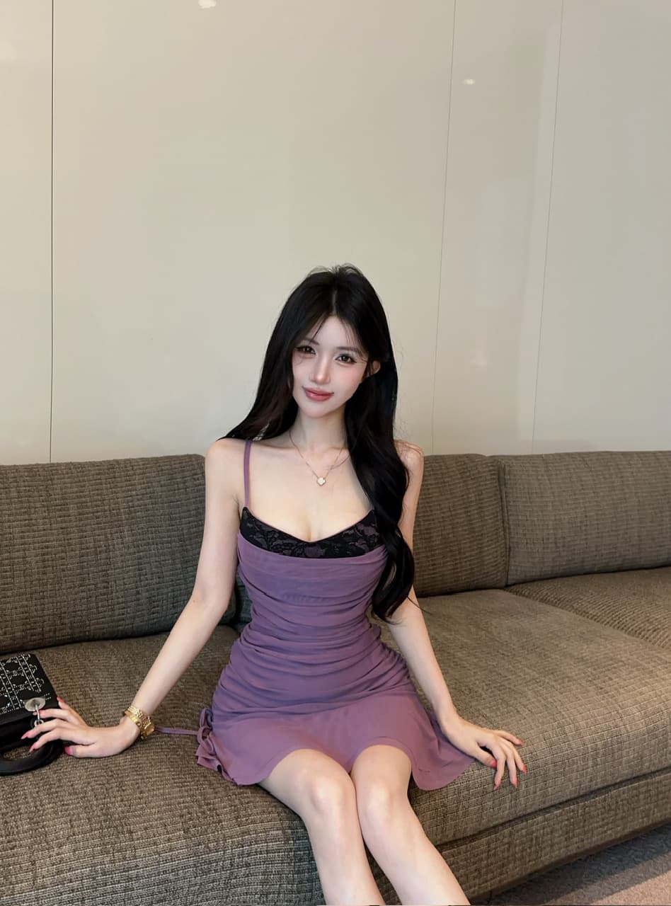 실사 섹시함 낮은 가슴 레이스 조각 슬립 쇼트 스타일 망사 드레스 상세 이미지 2