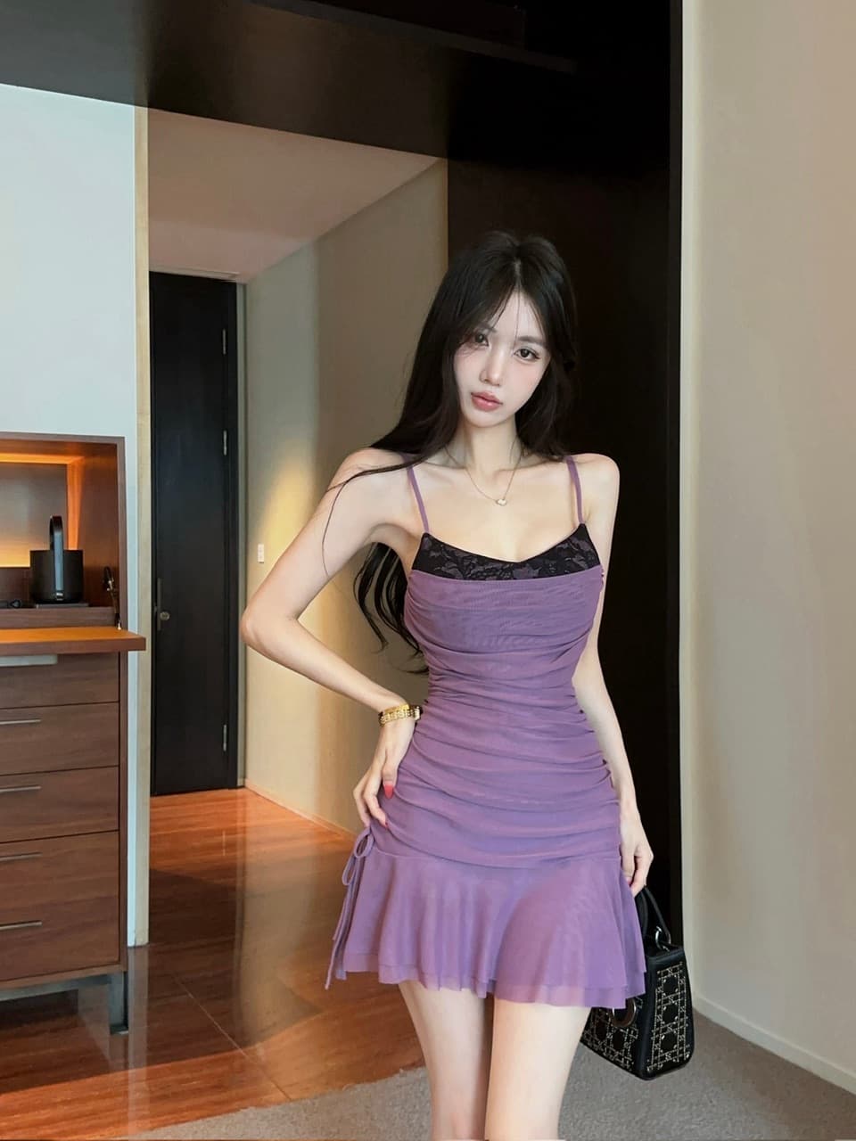실사 섹시함 낮은 가슴 레이스 조각 슬립 쇼트 스타일 망사 드레스 상세 이미지 10