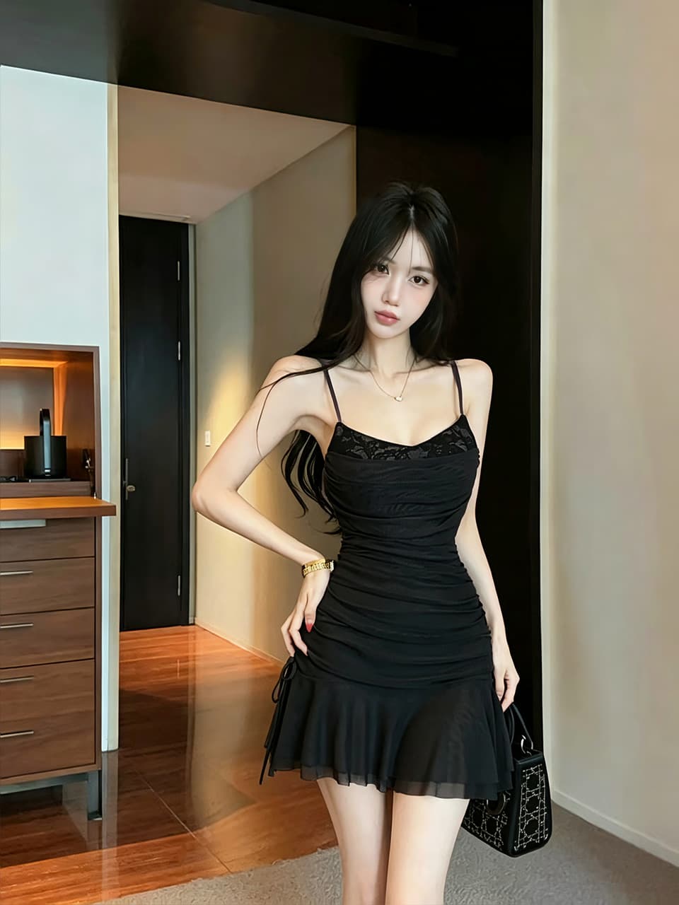 실사 섹시함 낮은 가슴 레이스 조각 슬립 쇼트 스타일 망사 드레스 상세 이미지 46