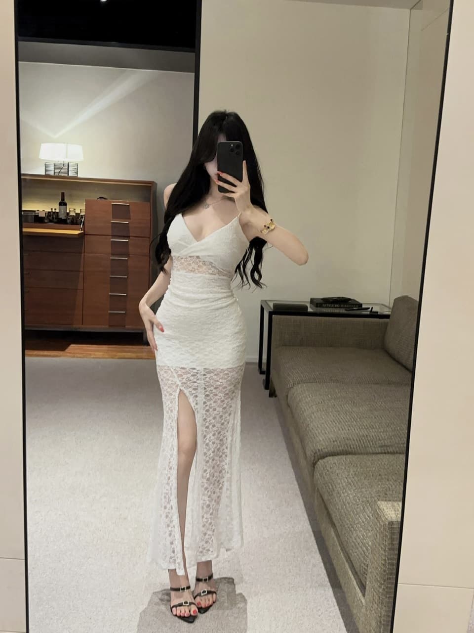 실사 섹시함 V넥 롱 코트 레이스 드레스 상세 이미지 7
