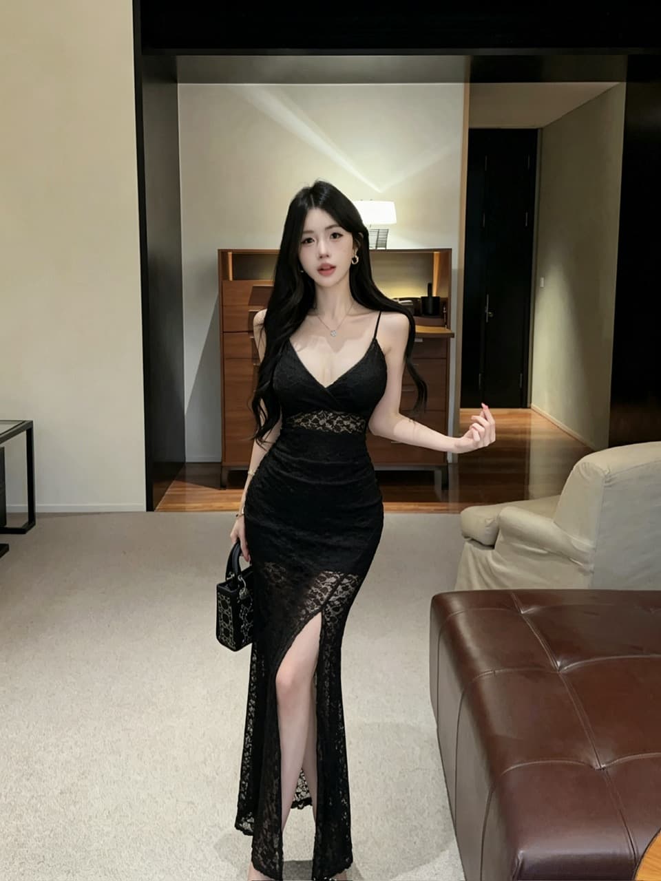실사 섹시함 V넥 롱 코트 레이스 드레스 상세 이미지 11