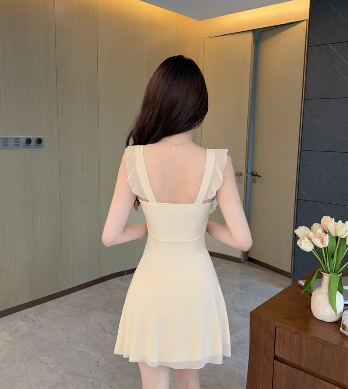 실사 섹시함 낮은 가슴 망사 프릴 큰 진자 드레스 상세 이미지 4