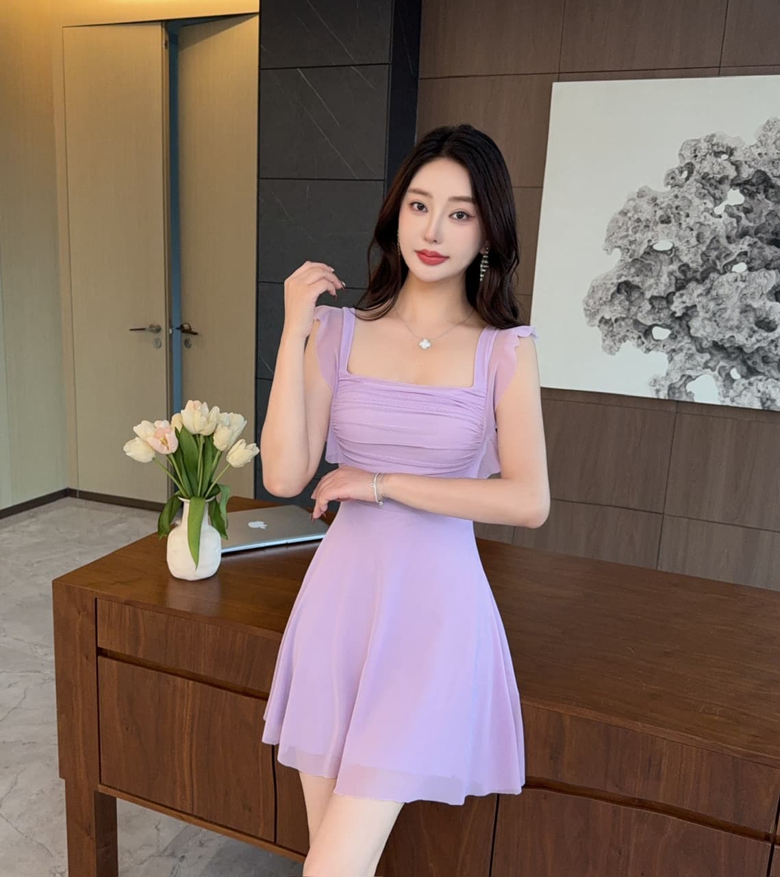 실사 섹시함 낮은 가슴 망사 프릴 큰 진자 드레스 상세 이미지 21