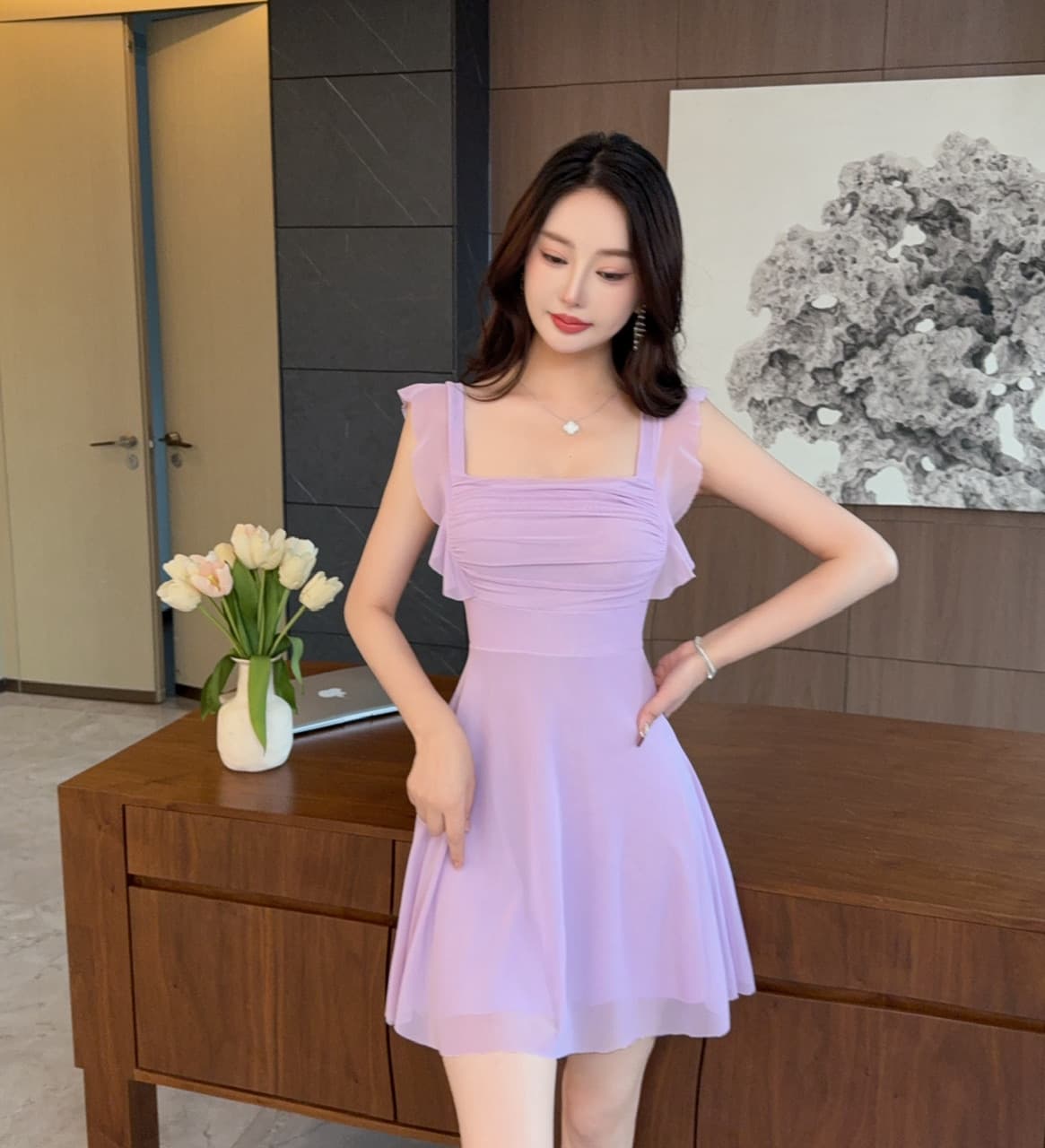 실사 섹시함 낮은 가슴 망사 프릴 큰 진자 드레스 상세 이미지 22