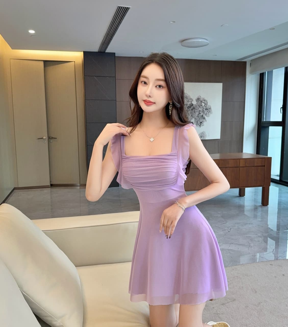 실사 섹시함 낮은 가슴 망사 프릴 큰 진자 드레스 상세 이미지 24
