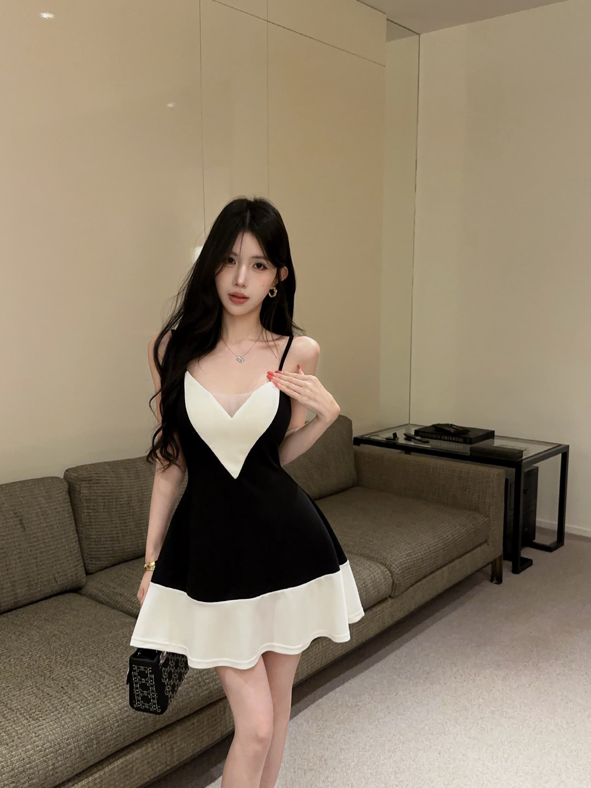실사 배색 허리 수축 학원 스타일 A라인 스커트 상세 이미지 1