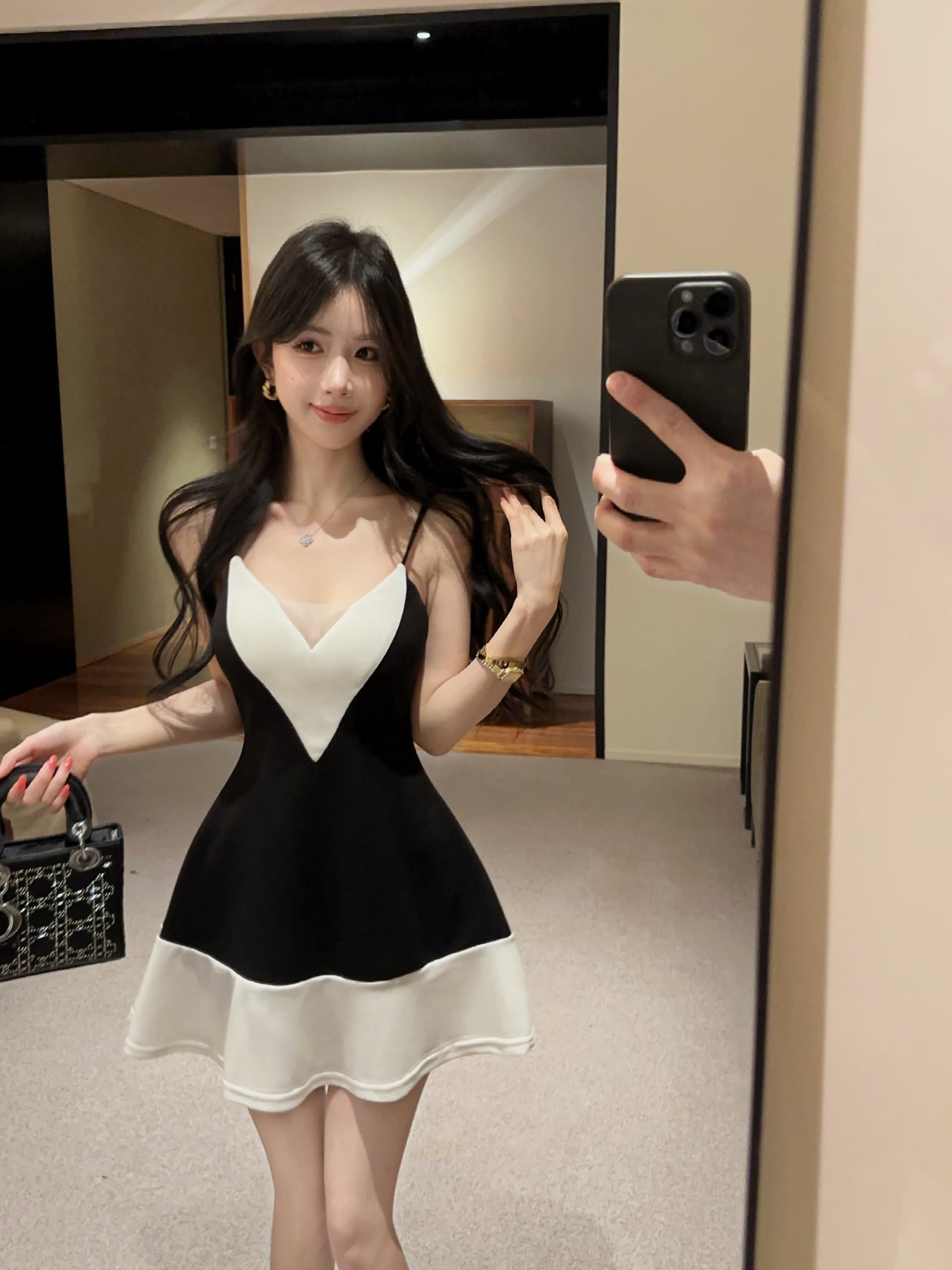 실사 배색 허리 수축 학원 스타일 A라인 스커트 상세 이미지 5