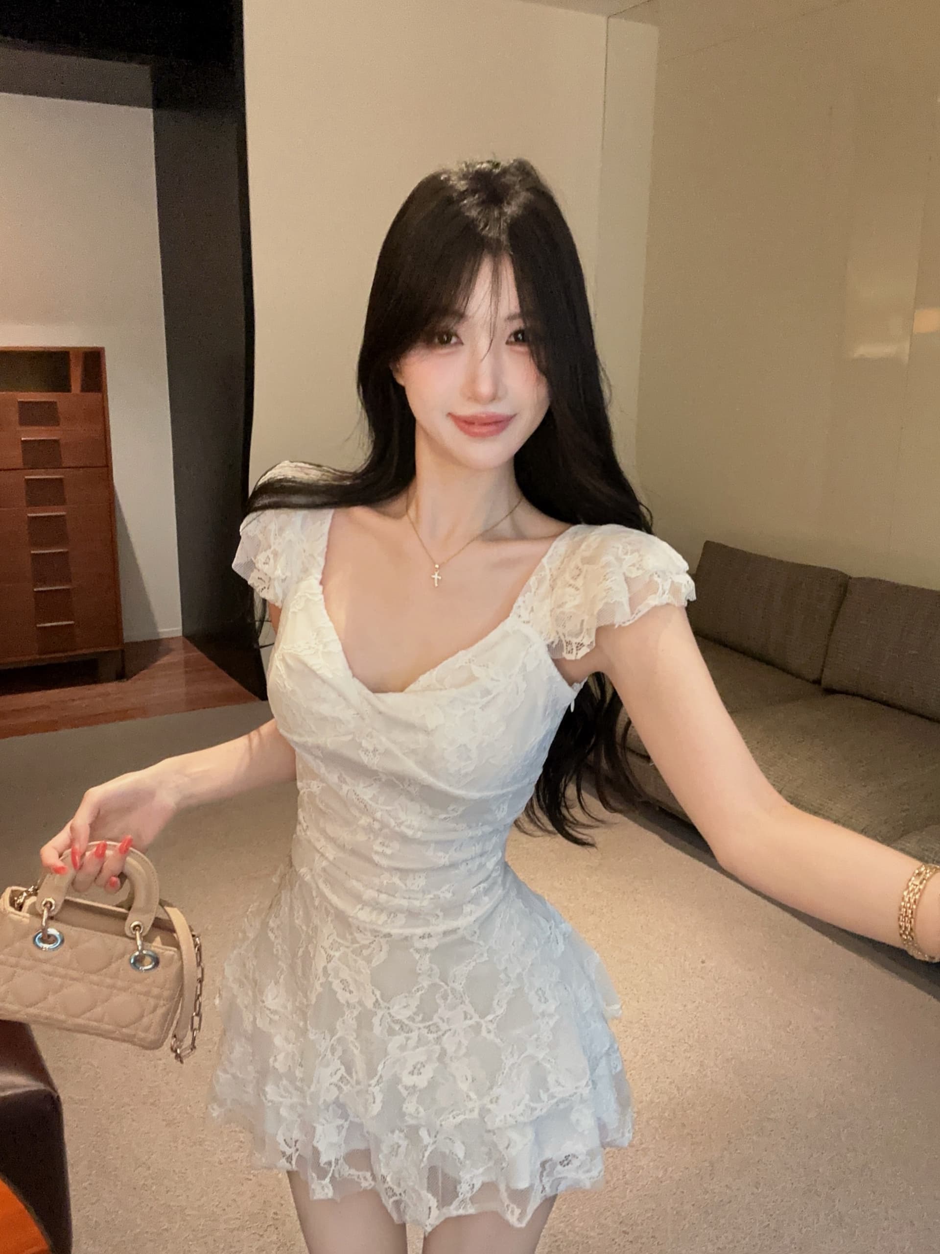 실사 섹시함 낮은 가슴 레이스 쇼트 스타일 케이크 드레스 상세 이미지 1