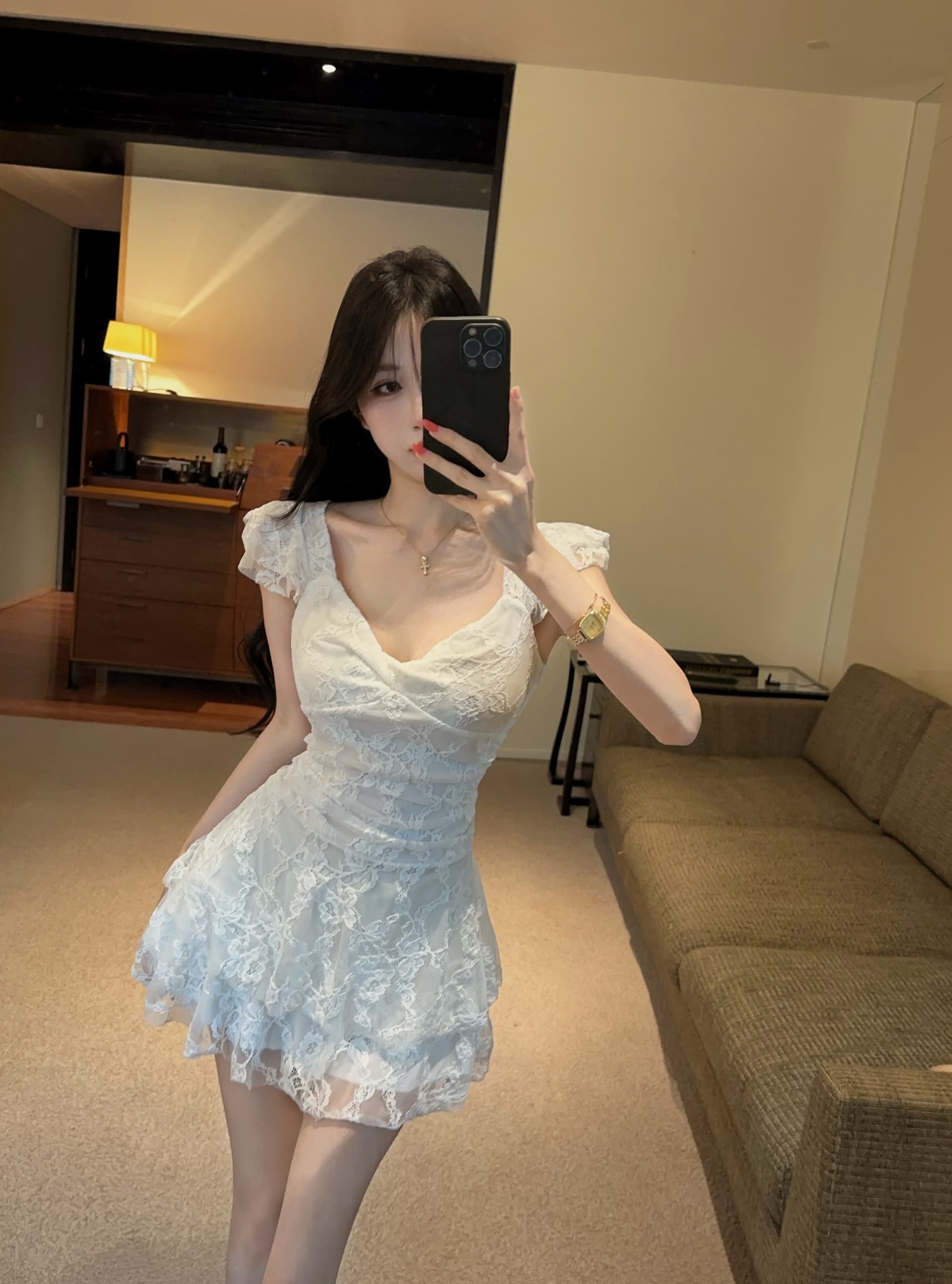 실사 섹시함 낮은 가슴 레이스 쇼트 스타일 케이크 드레스 상세 이미지 6