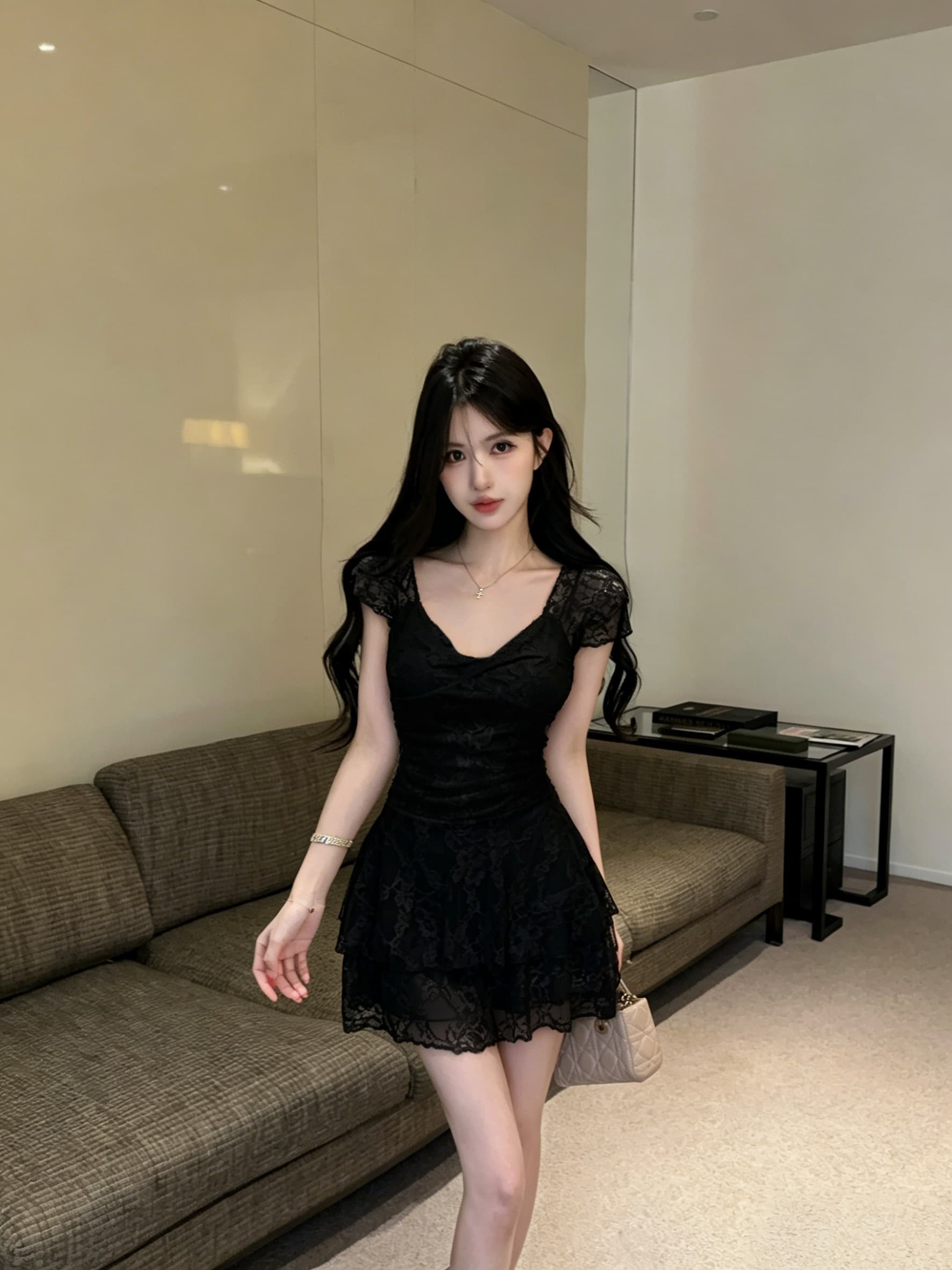 실사 섹시함 낮은 가슴 레이스 쇼트 스타일 케이크 드레스 상세 이미지 7