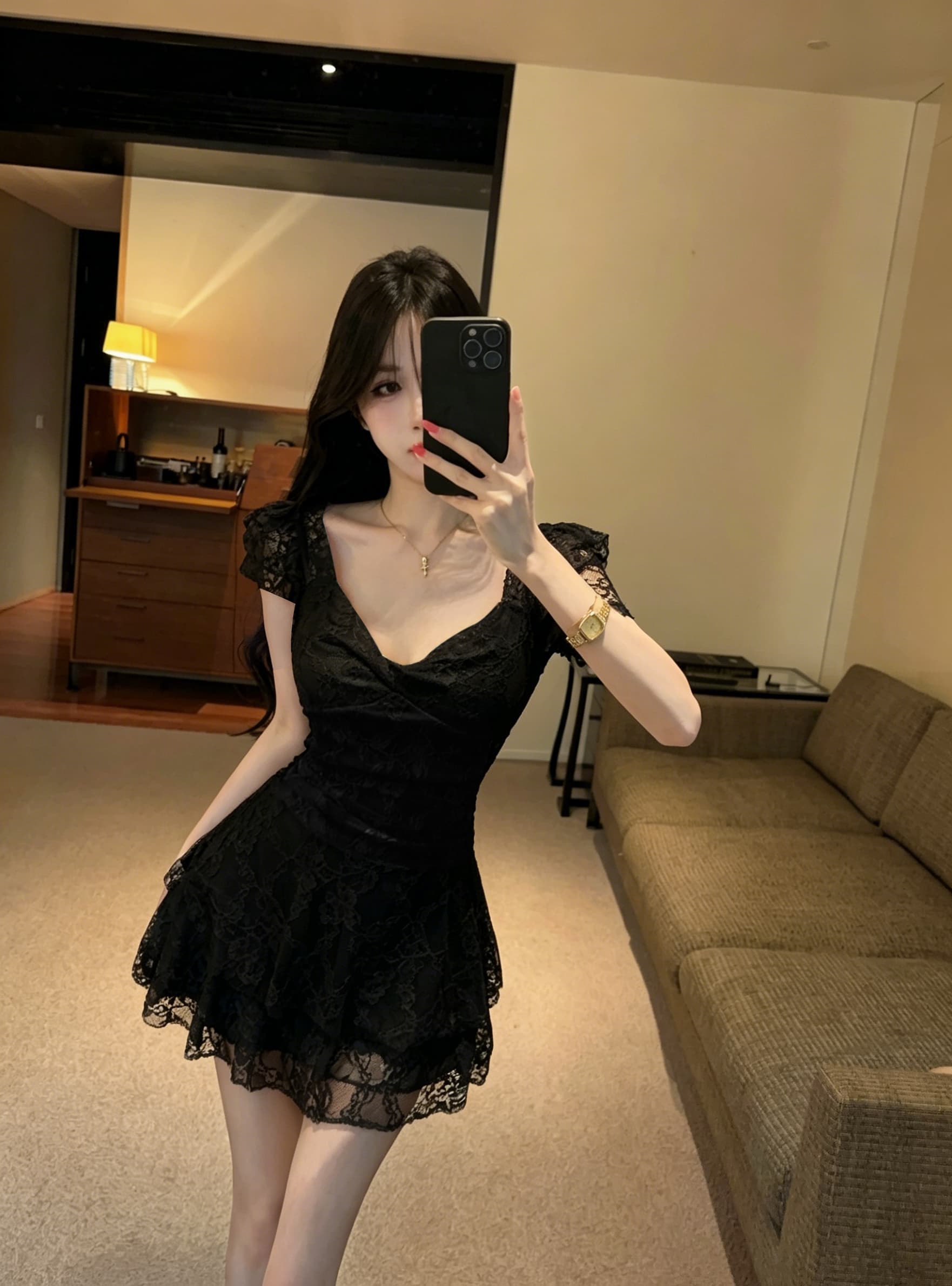 실사 섹시함 낮은 가슴 레이스 쇼트 스타일 케이크 드레스 상세 이미지 14