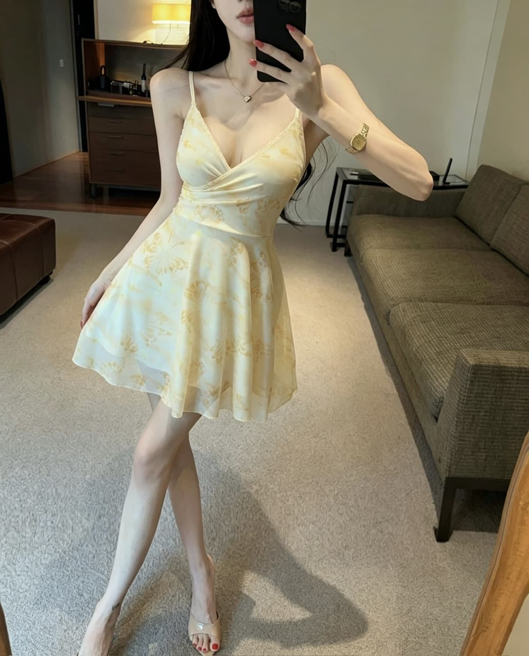 실사 섹시함 낮은 가슴 망사 프린트 슬립 A라인 스커트 상세 이미지 5