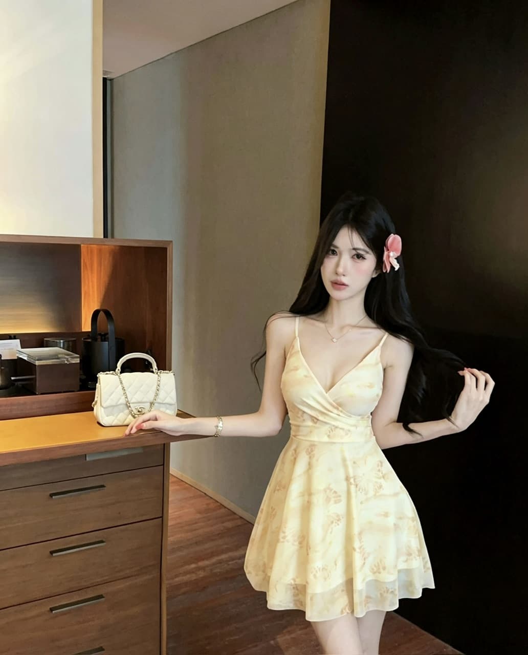 실사 섹시함 낮은 가슴 망사 프린트 슬립 A라인 스커트 상세 이미지 6