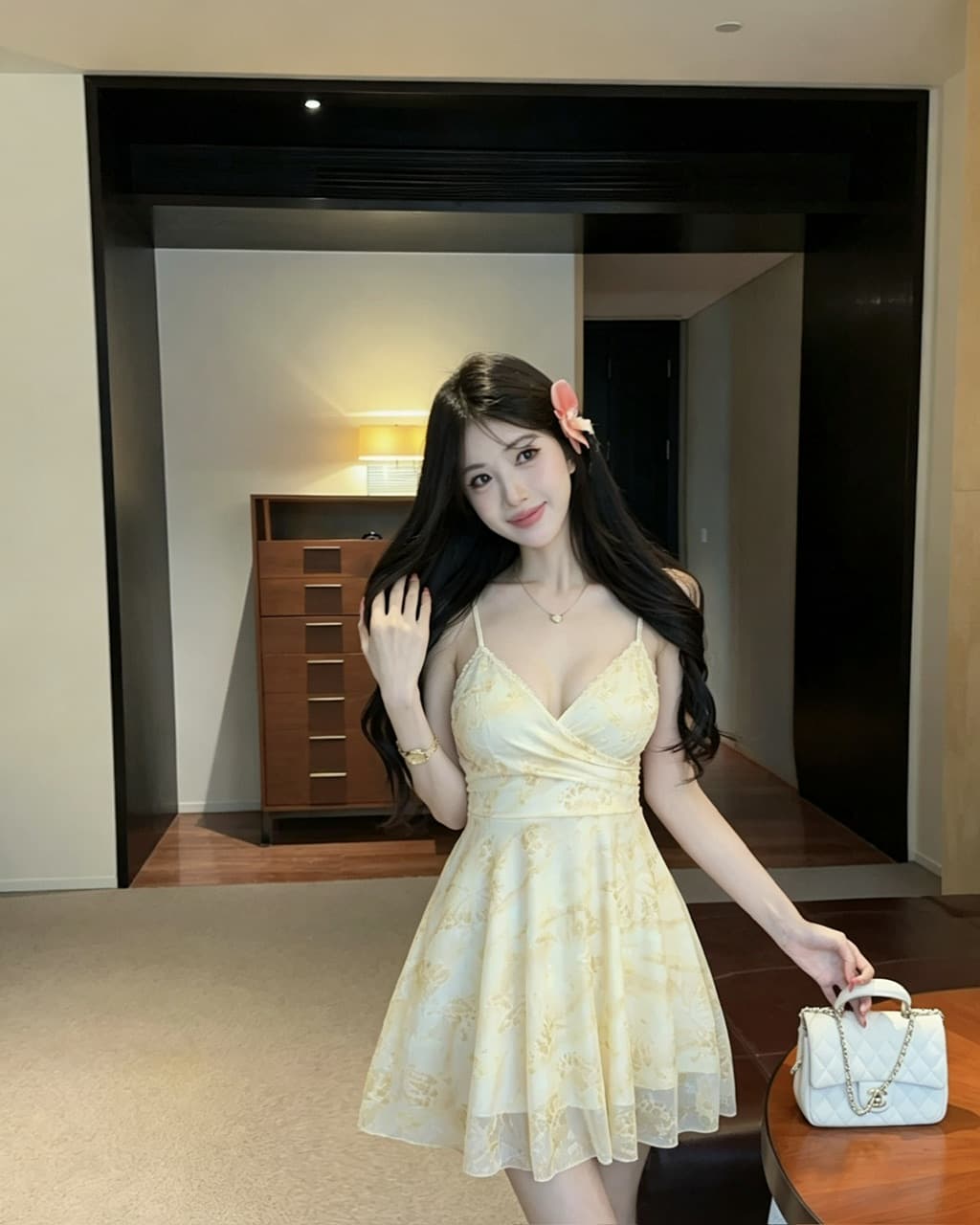 실사 섹시함 낮은 가슴 망사 프린트 슬립 A라인 스커트 상세 이미지 7