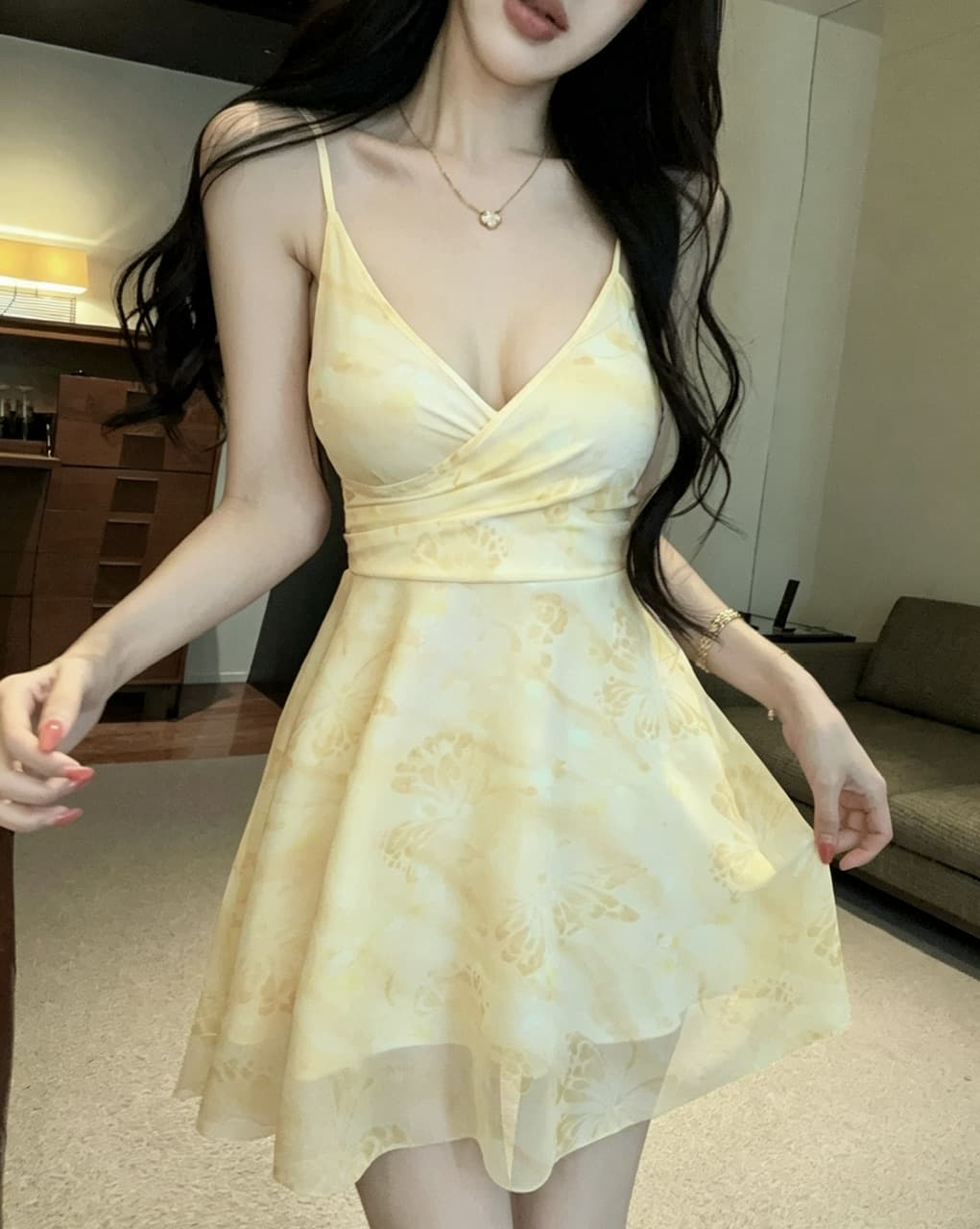 실사 섹시함 낮은 가슴 망사 프린트 슬립 A라인 스커트 상세 이미지 8