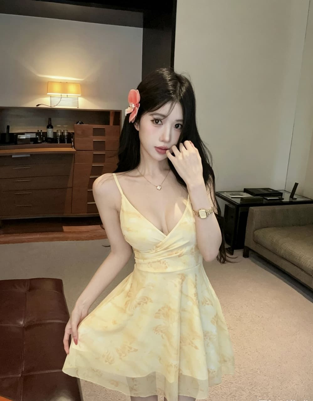 실사 섹시함 낮은 가슴 망사 프린트 슬립 A라인 스커트 상세 이미지 9