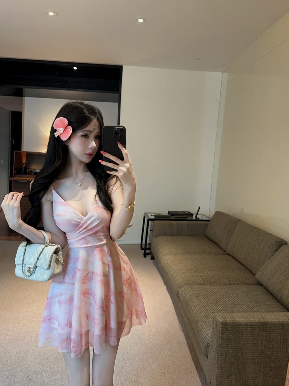 실사 섹시함 낮은 가슴 망사 프린트 슬립 A라인 스커트 상세 이미지 10