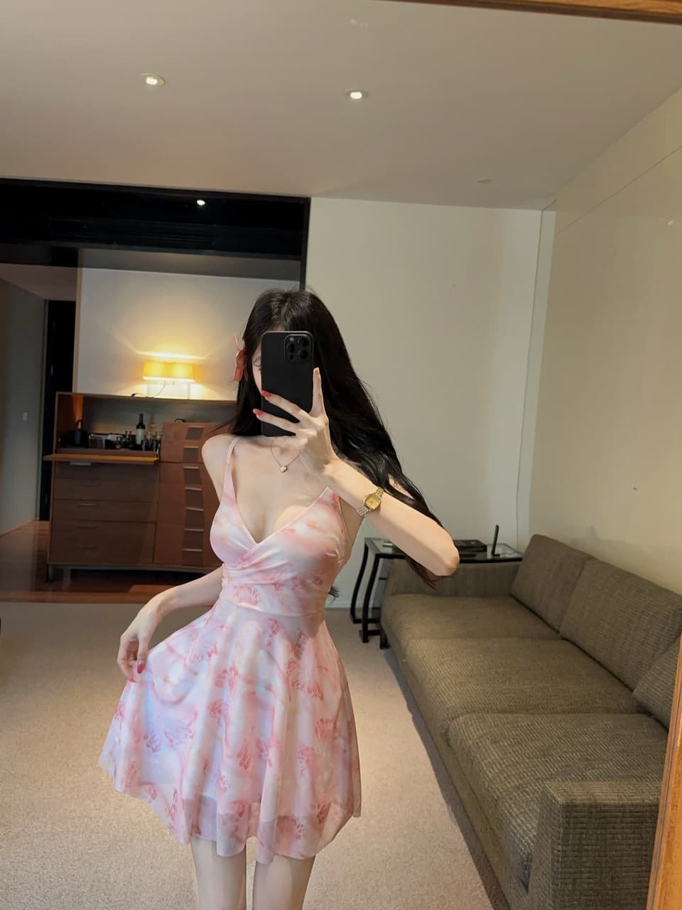 실사 섹시함 낮은 가슴 망사 프린트 슬립 A라인 스커트 상세 이미지 11