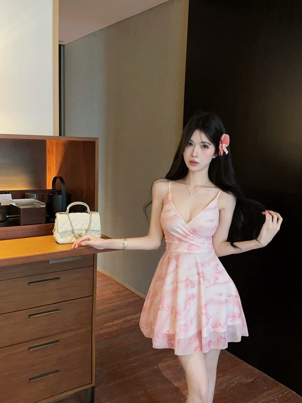 실사 섹시함 낮은 가슴 망사 프린트 슬립 A라인 스커트 상세 이미지 21