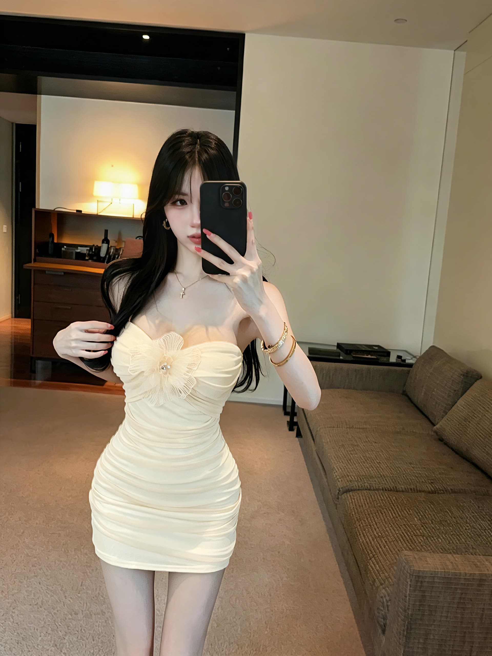 실사 망사 튜브탑 쇼트 스타일 꽃 패치워크 드레스 상세 이미지 3