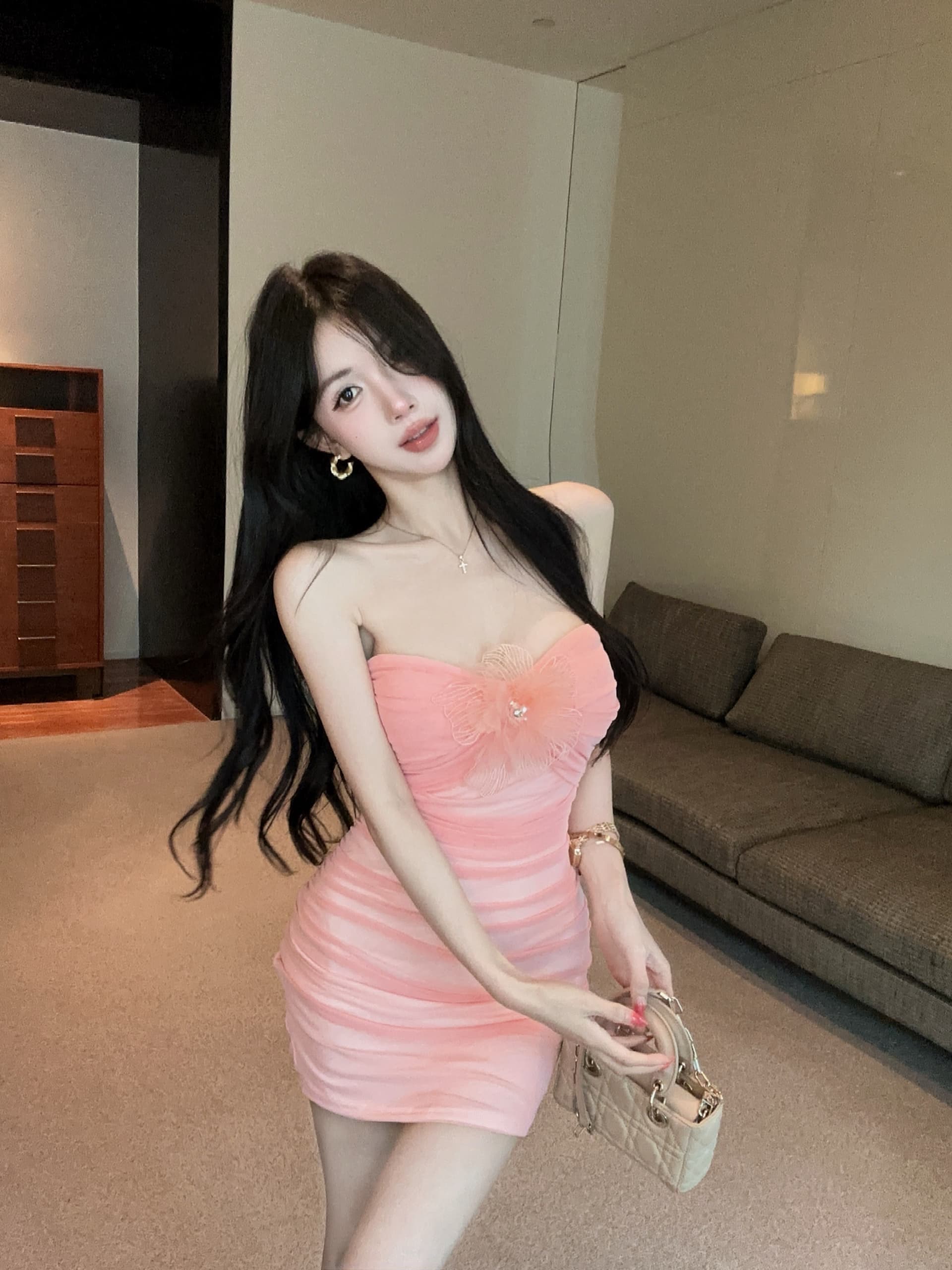 실사 망사 튜브탑 쇼트 스타일 꽃 패치워크 드레스 상세 이미지 8