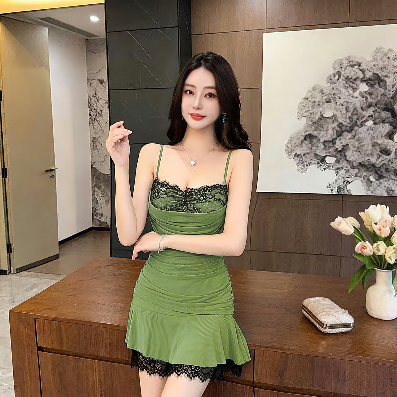 실사 섹시함 낮은 가슴 레이스 조각 망사 슬립 드레스 상세 이미지 7