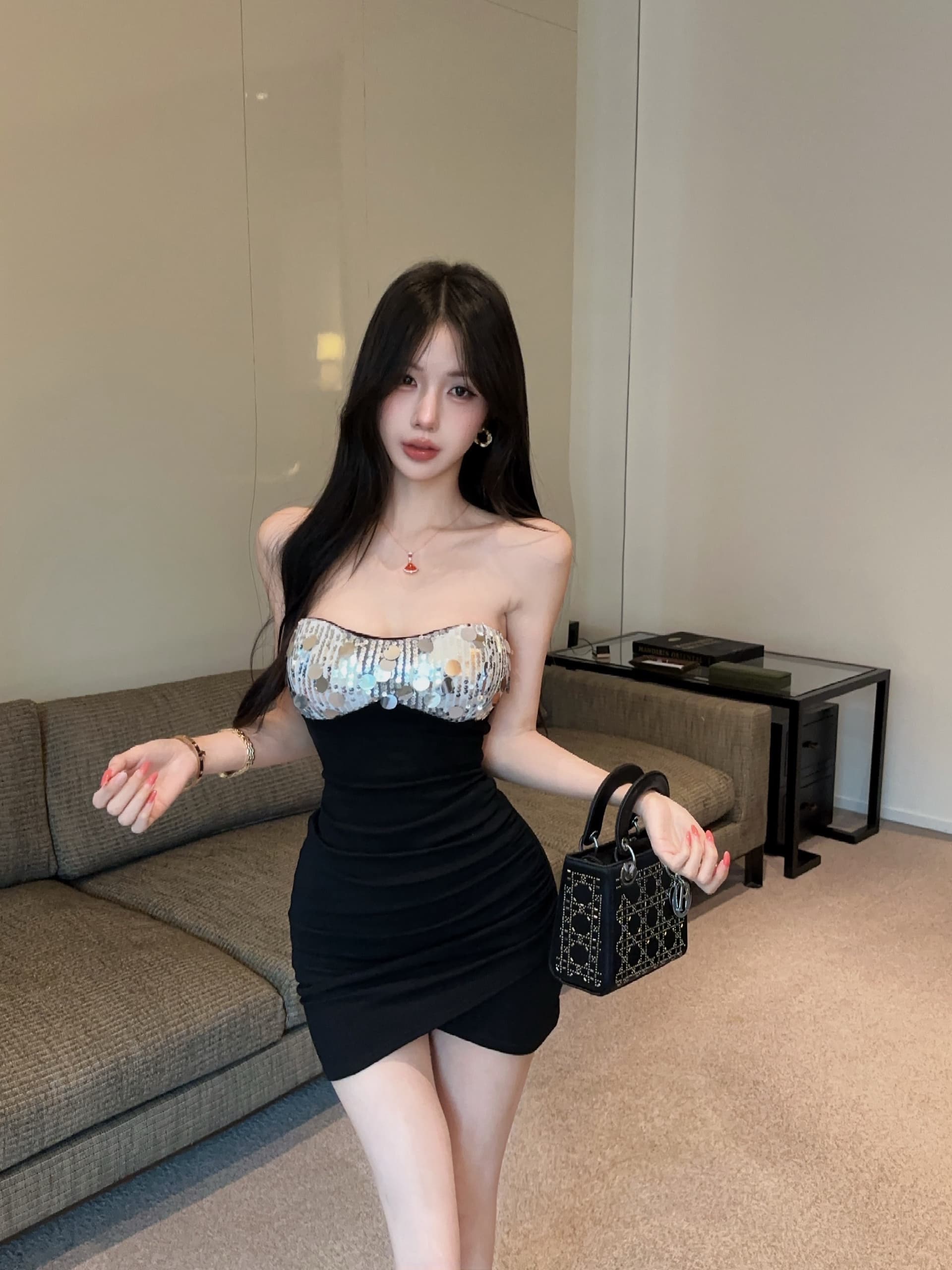 실사 배색 섹시함 스팽글 패치워크 타이트 스커트 튜브탑 드레스 복장 쇼트 스타일 상세 이미지 8