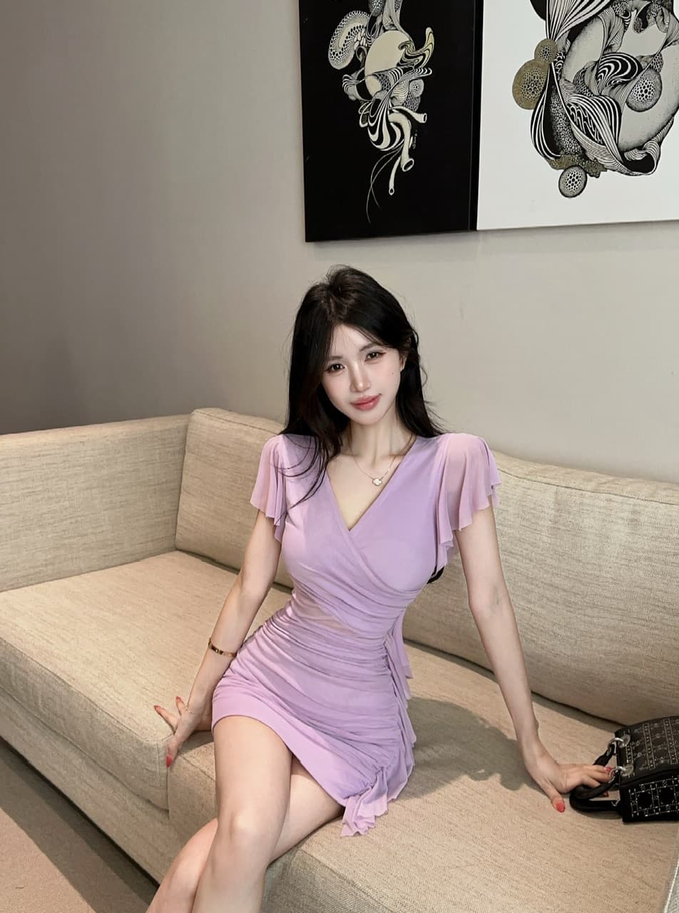 실사 망사 술 패치워크 반팔 타이트 스커트 드레스 복장 상세 이미지 3