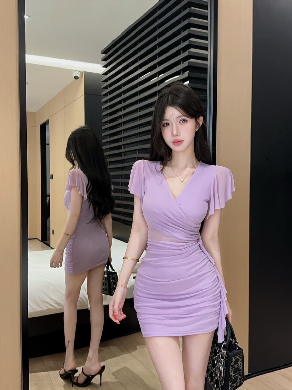 실사 망사 술 패치워크 반팔 타이트 스커트 드레스 복장 상세 이미지 5