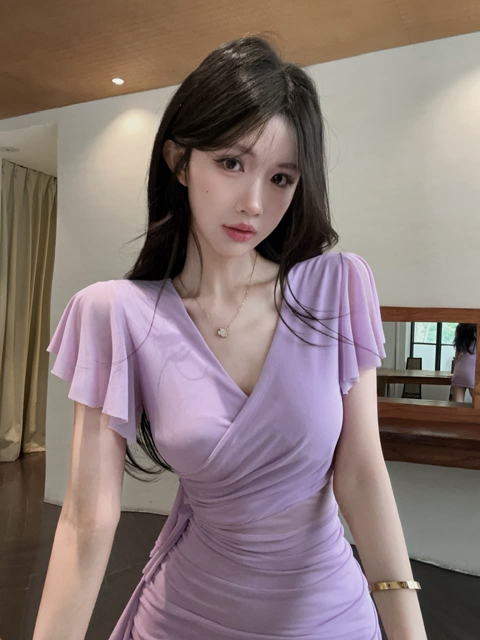 실사 망사 술 패치워크 반팔 타이트 스커트 드레스 복장 상세 이미지 8