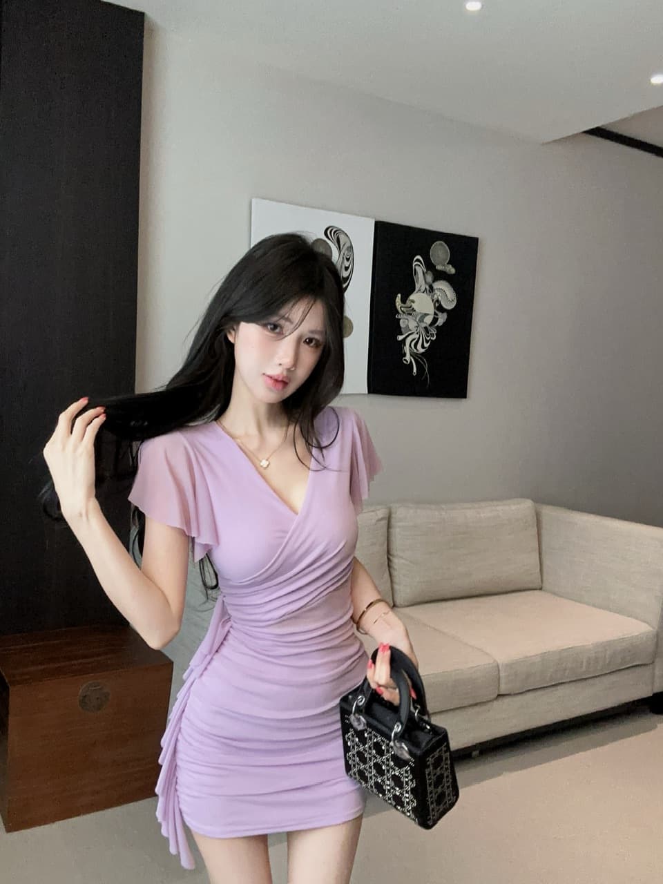 실사 망사 술 패치워크 반팔 타이트 스커트 드레스 복장 상세 이미지 13