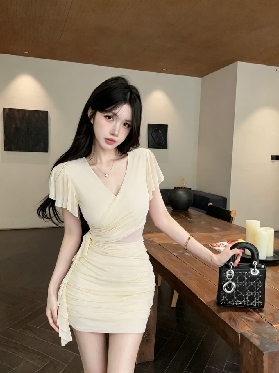 실사 망사 술 패치워크 반팔 타이트 스커트 드레스 복장 상세 이미지 15
