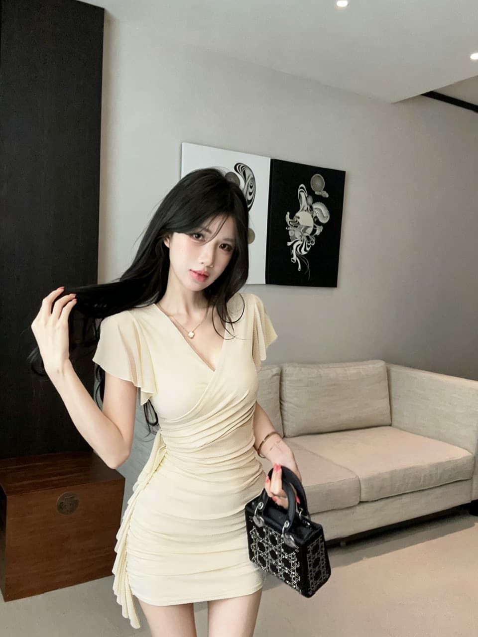 실사 망사 술 패치워크 반팔 타이트 스커트 드레스 복장 상세 이미지 16