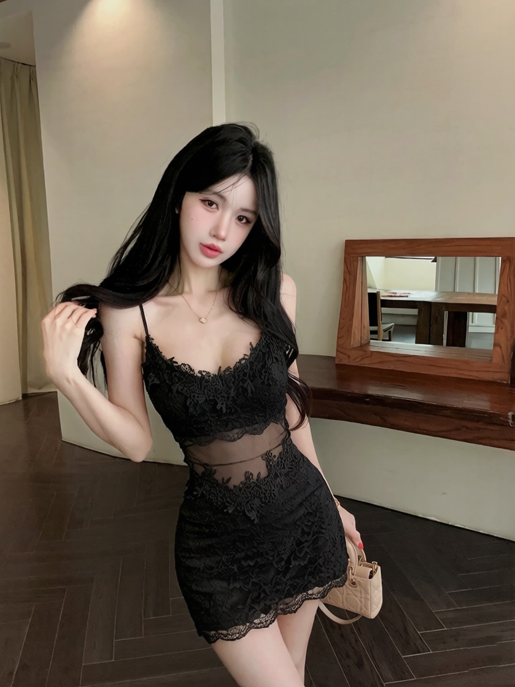 실사 섹시함 레이스 쇼트 스타일 슬립 드레스 상세 이미지 17