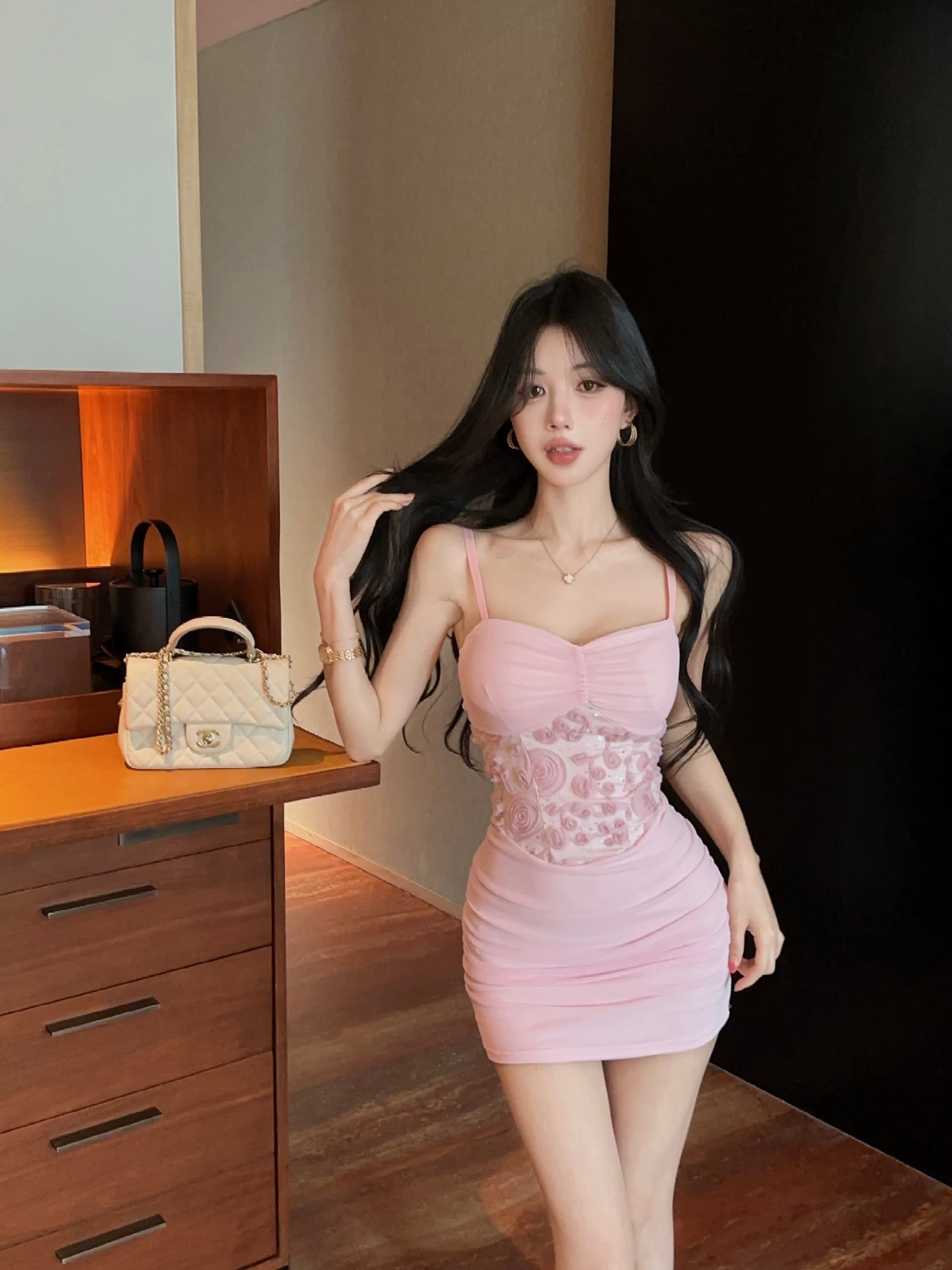 실사 망사 꽃 패치워크 타이트 스커트 쇼트 스타일 만나는 슬립 드레스 상세 이미지 5