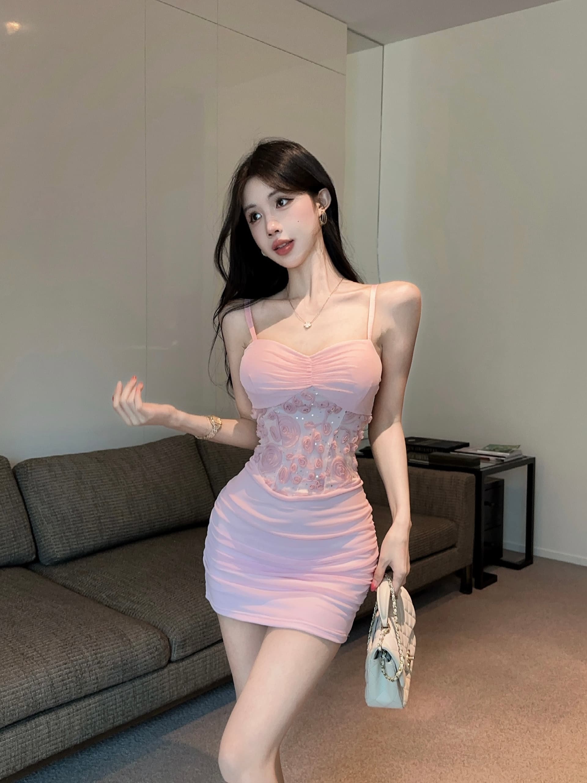 실사 망사 꽃 패치워크 타이트 스커트 쇼트 스타일 만나는 슬립 드레스 상세 이미지 9
