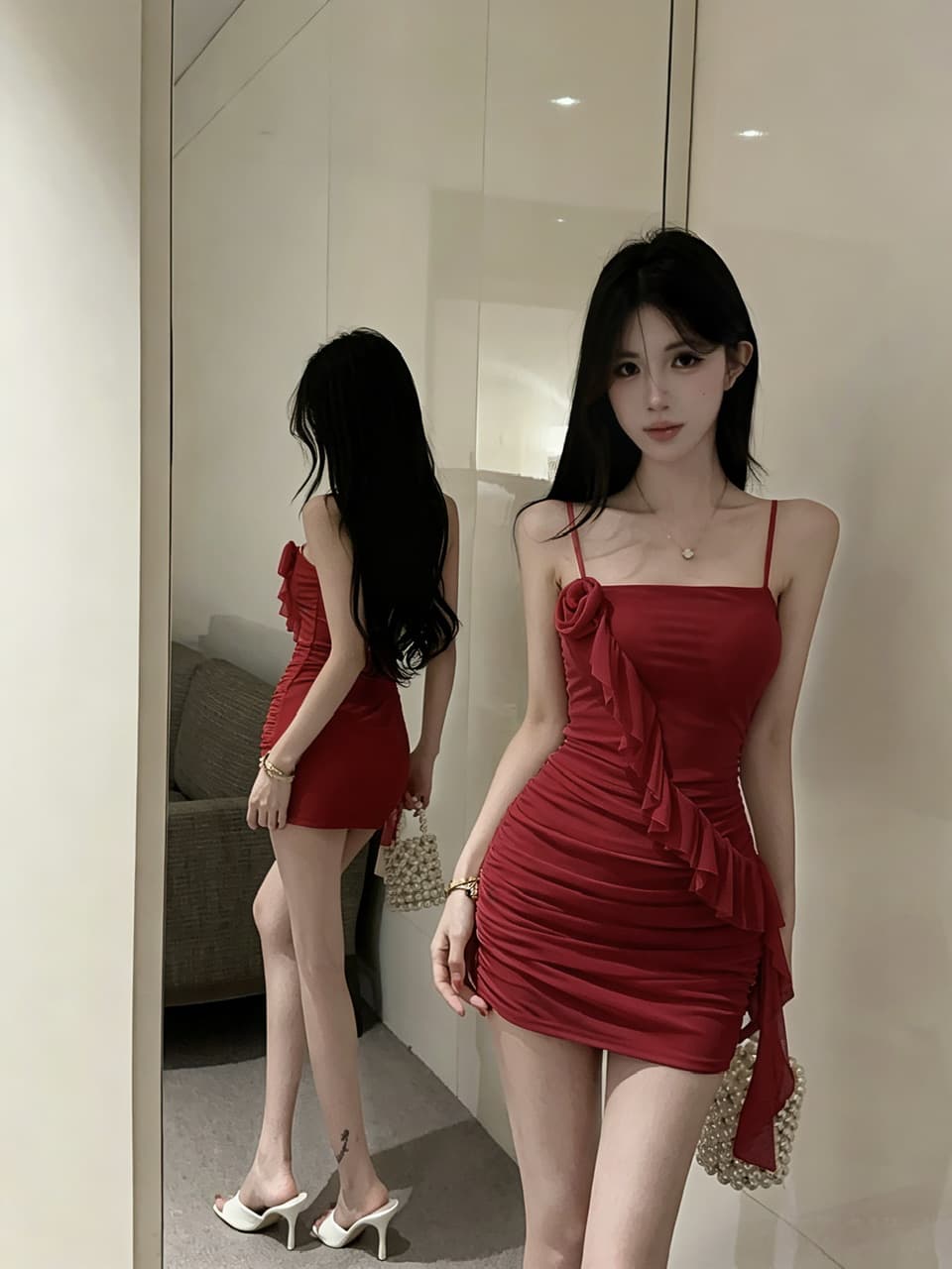 실사 망사 쇼트 스타일 타이트 스커트 만나는 프릴 드레스 상세 이미지 7