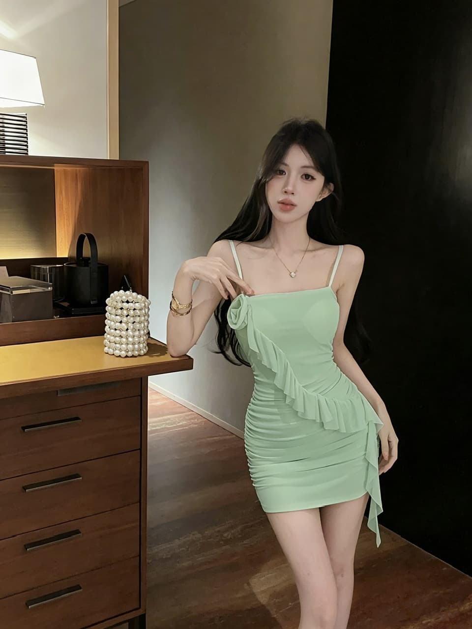 실사 망사 쇼트 스타일 타이트 스커트 만나는 프릴 드레스 상세 이미지 9