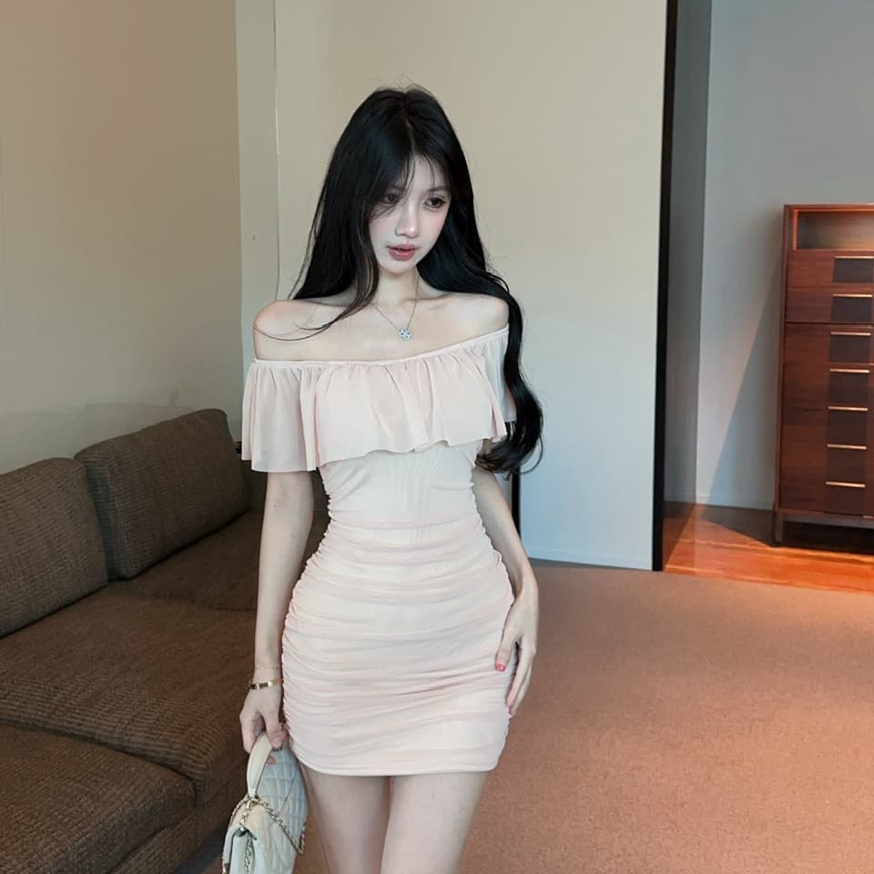 실사 망사 프릴 보트넥 오프숄더 드레스 쇼트 스타일 이미지 3
