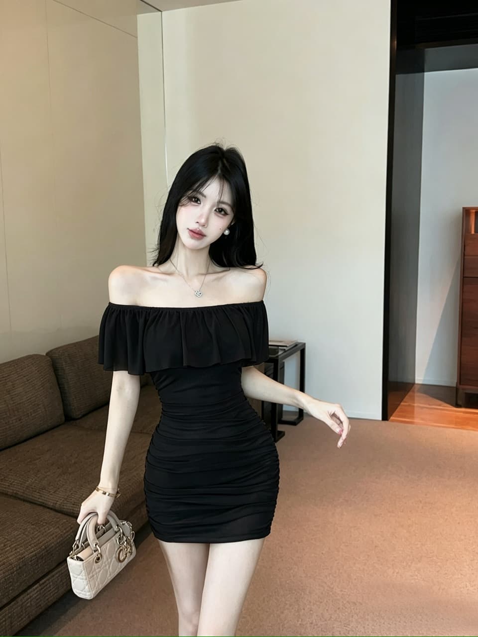 실사 망사 프릴 보트넥 오프숄더 드레스 쇼트 스타일 상세 이미지 3