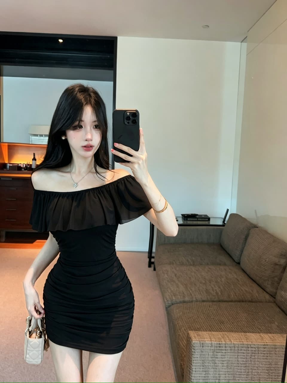 실사 망사 프릴 보트넥 오프숄더 드레스 쇼트 스타일 상세 이미지 5