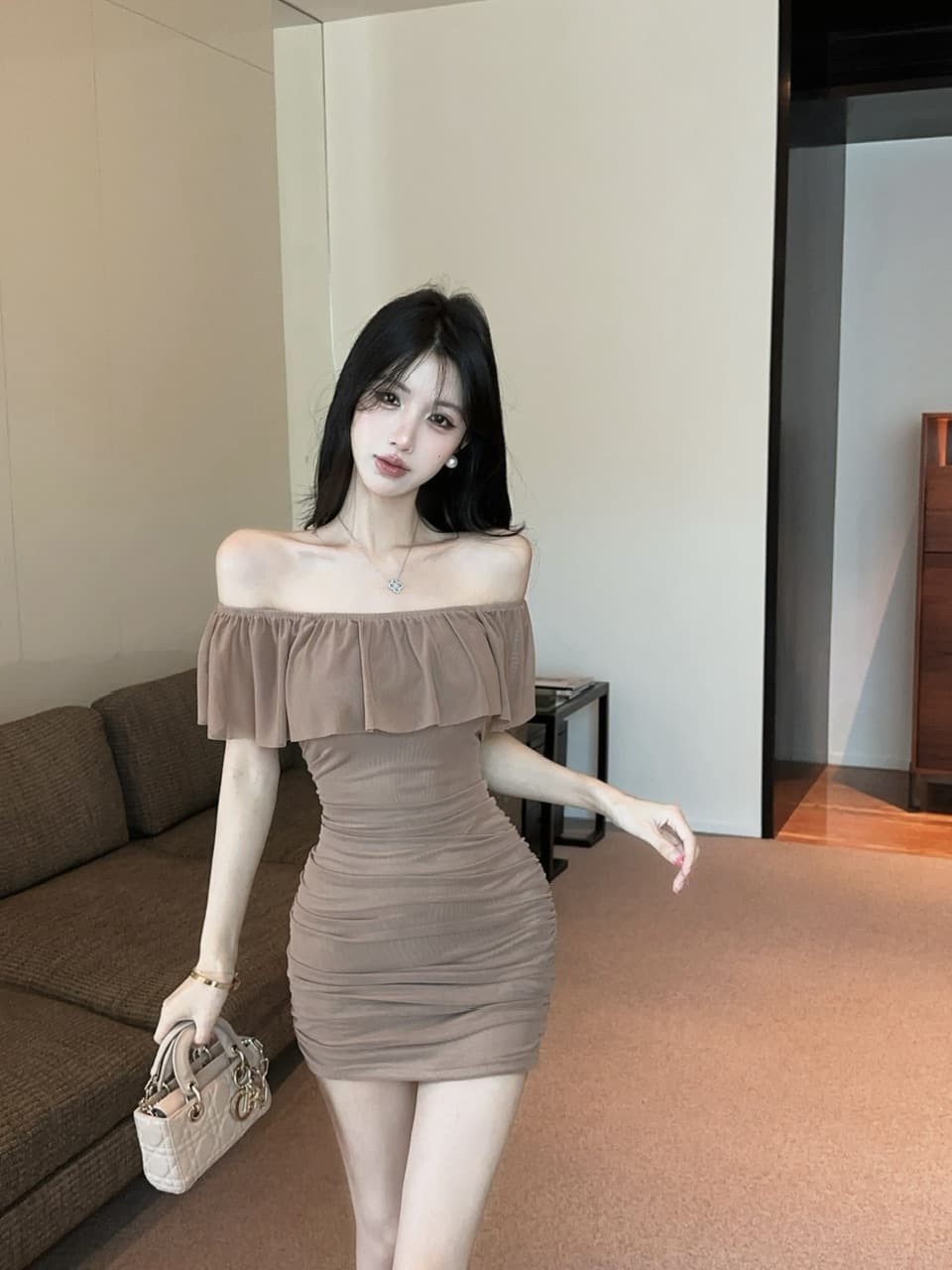실사 망사 프릴 보트넥 오프숄더 드레스 쇼트 스타일 상세 이미지 11