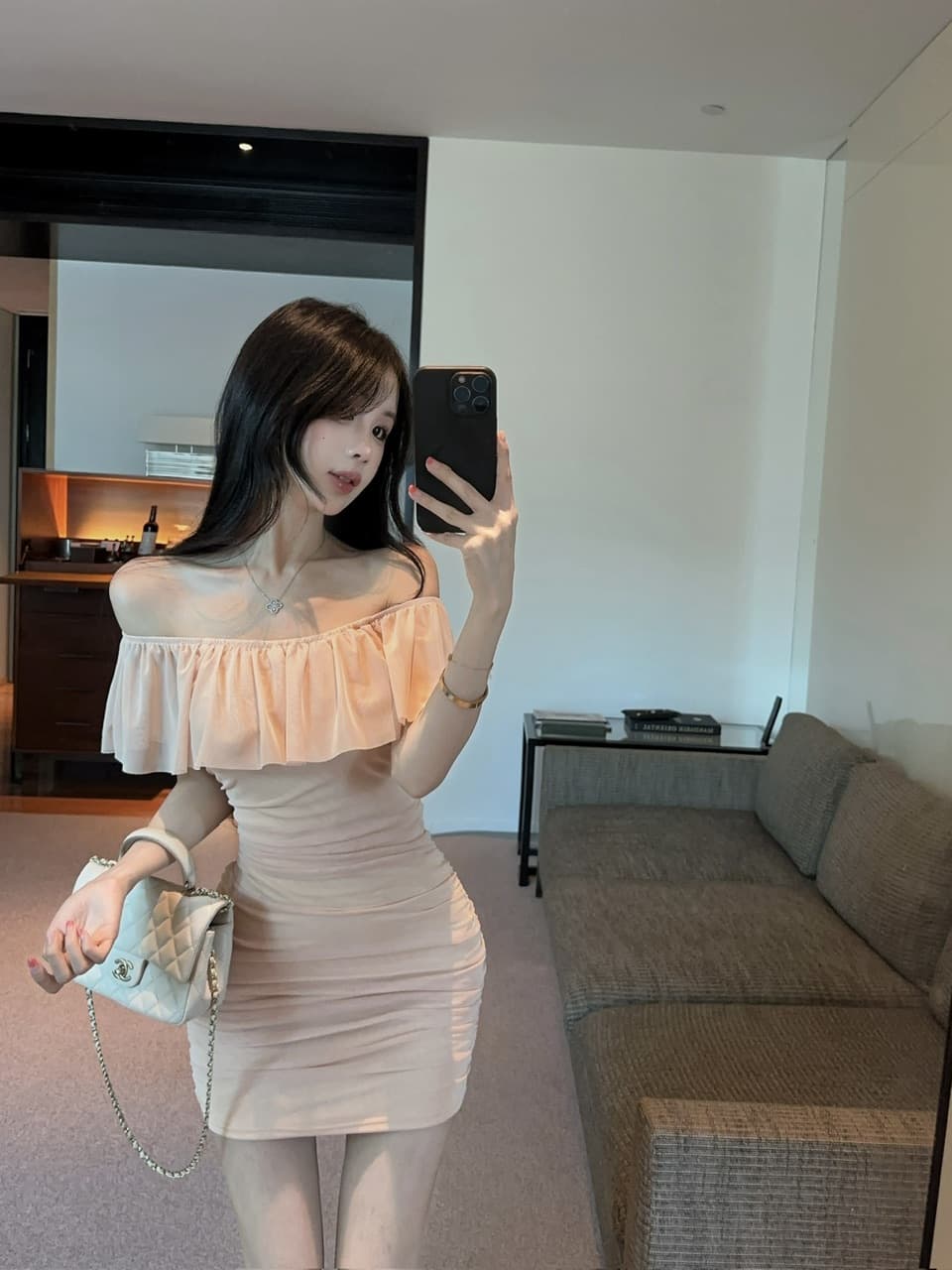 실사 망사 프릴 보트넥 오프숄더 드레스 쇼트 스타일 상세 이미지 18